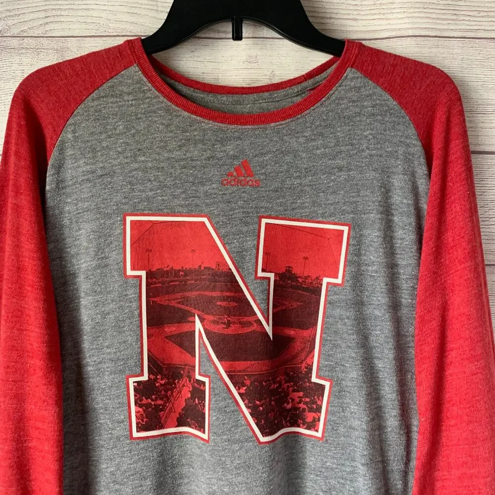Adidas Heathered Gray Red Nebraska Cornhusker BERM ZONE Baseball Raglan Shirt L